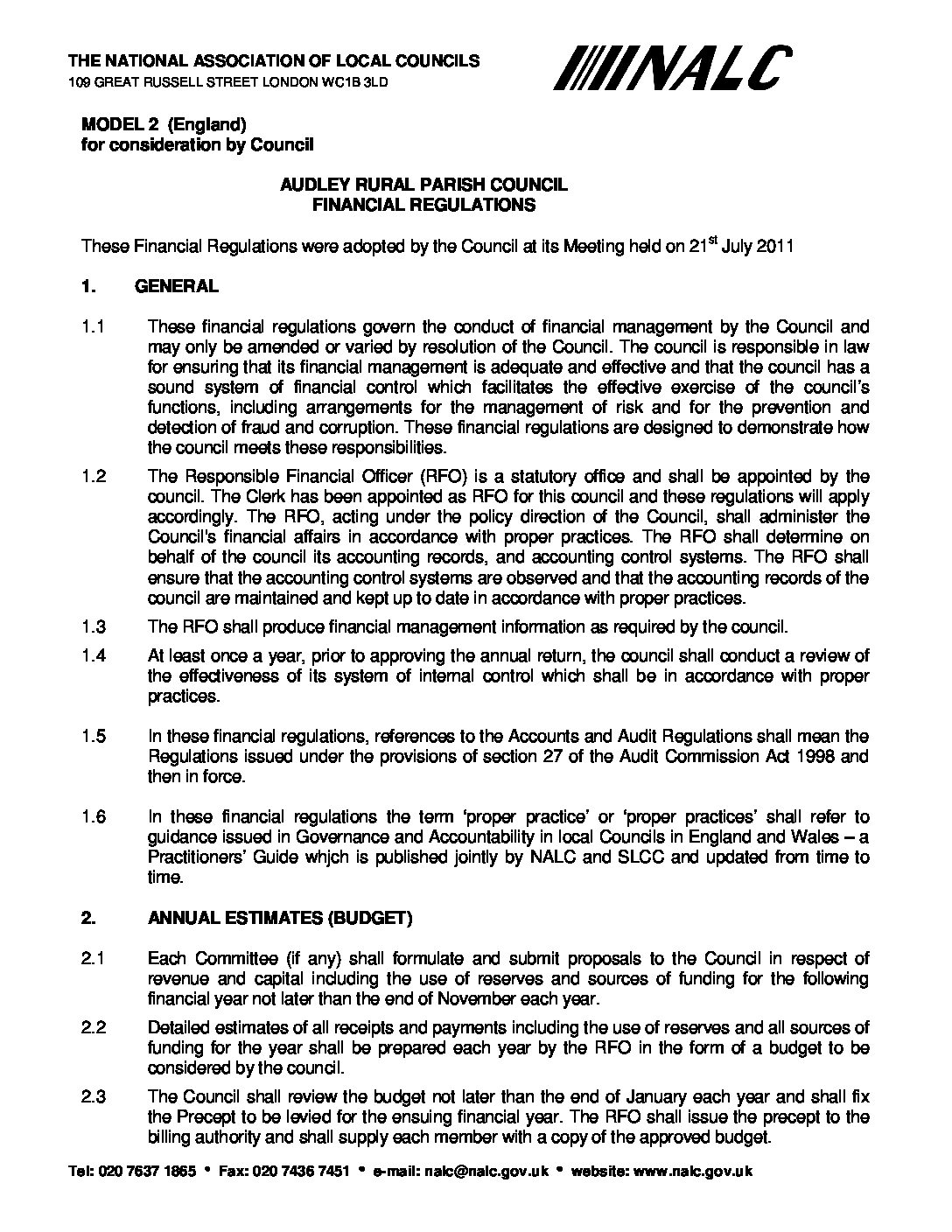 financial regs model 2 jan 2004 audley adopted 21 july 11 pdf